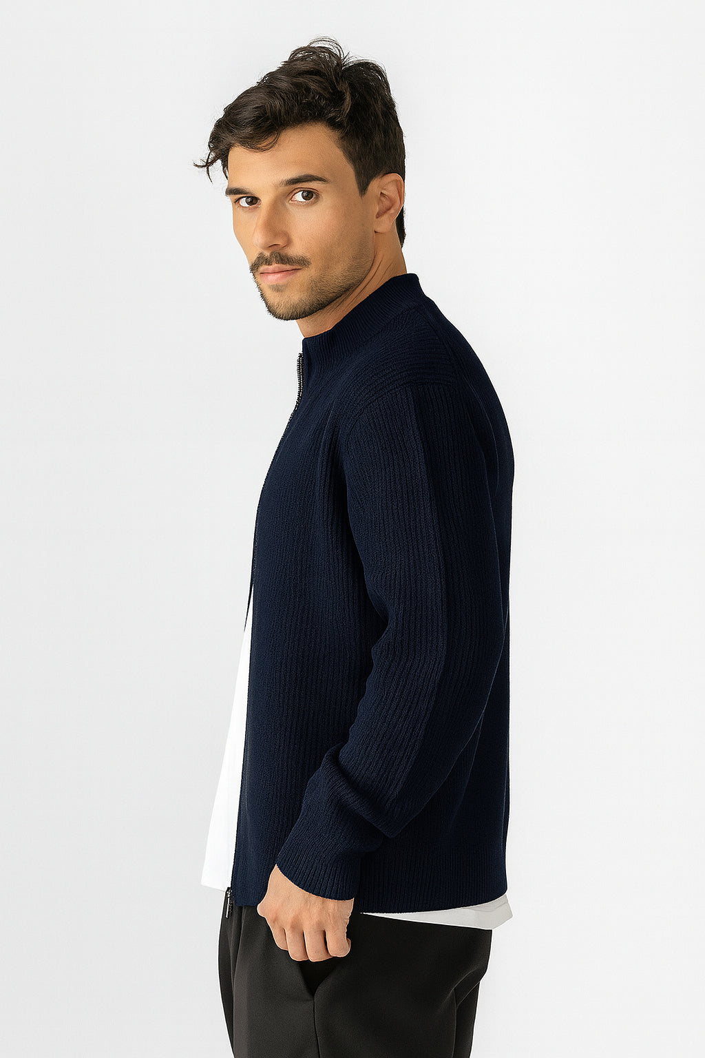 Navy Knitted Double Zip Sweater – Kai Collections