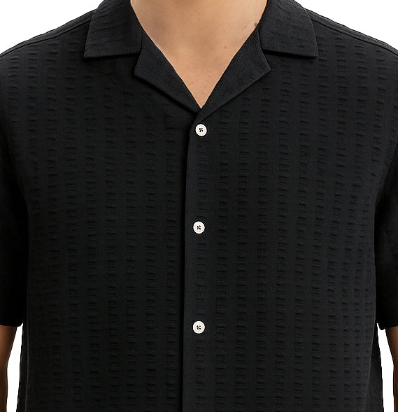 Black Seer Sucker Short Sleeve Shirt With T Shirt Black