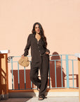 Womens Dark Brown Linen Crinkle Pants
