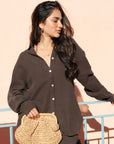 Women's Brown Linen Crinkle Shirt