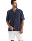 Navy Cuban Linen Shirt Short Sleeve