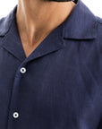 Navy Cuban Linen Shirt Short Sleeve
