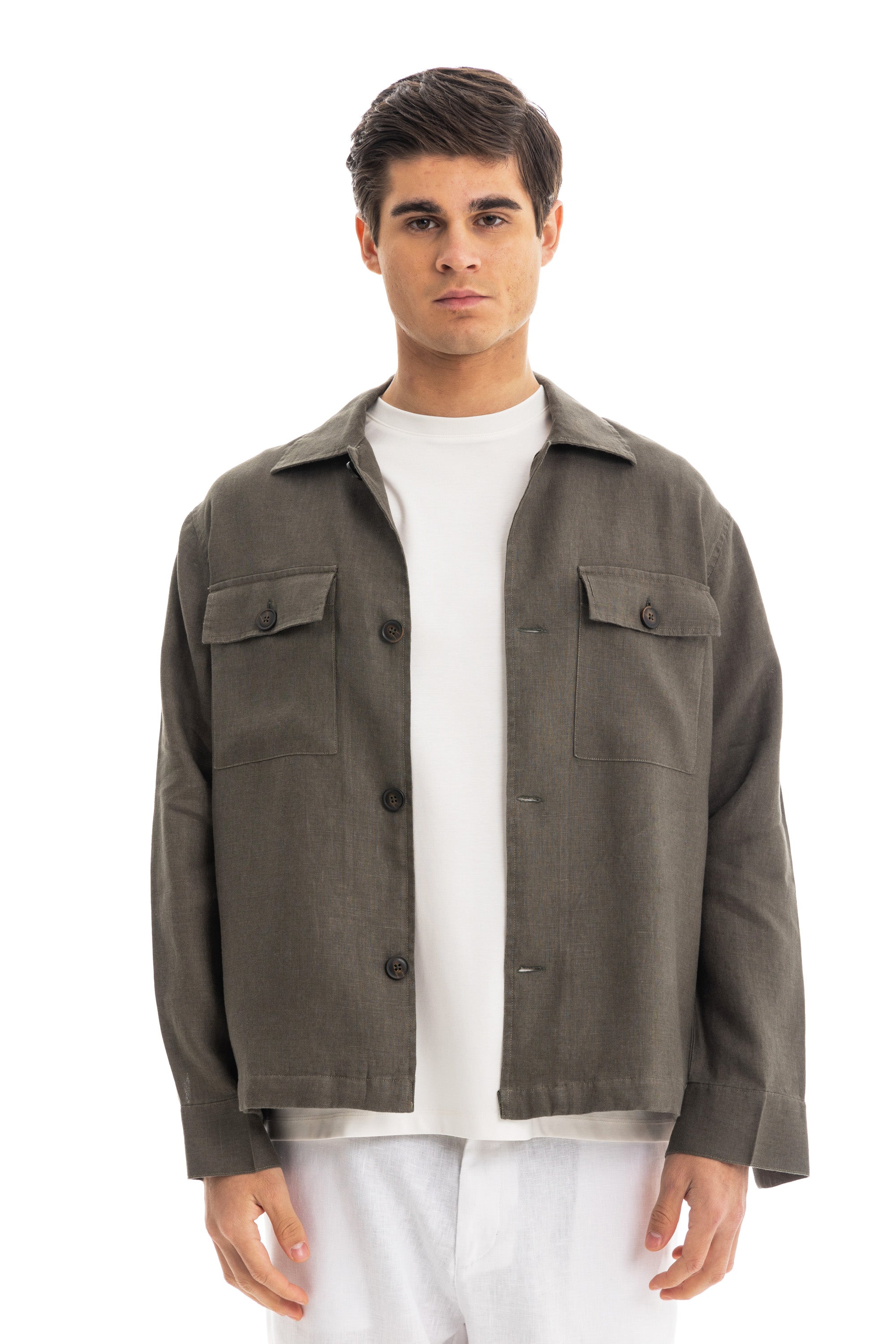 Olive Linen Overshirt Jacket