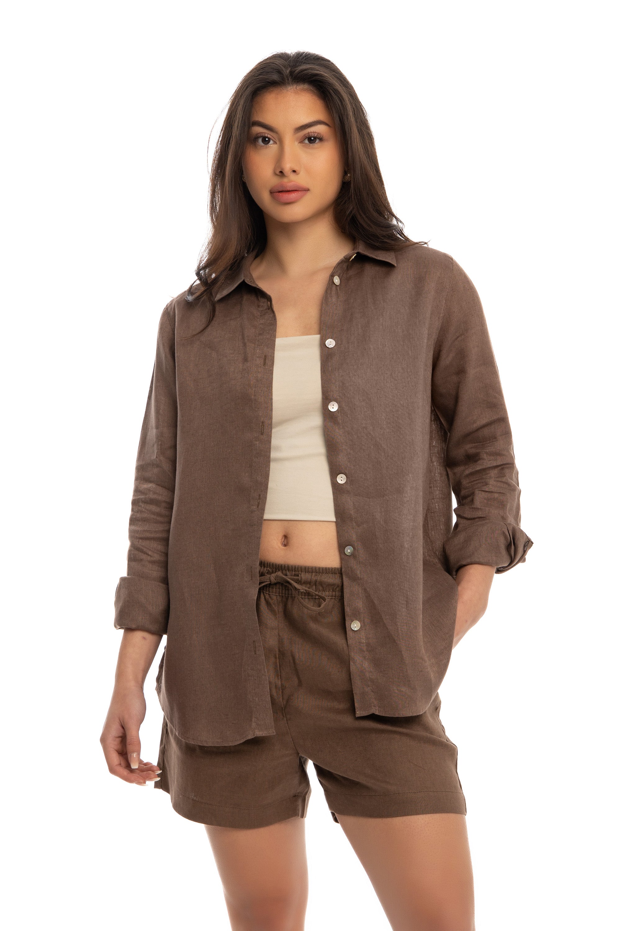 Stylish Sisters Linen Shorts Set - Brown