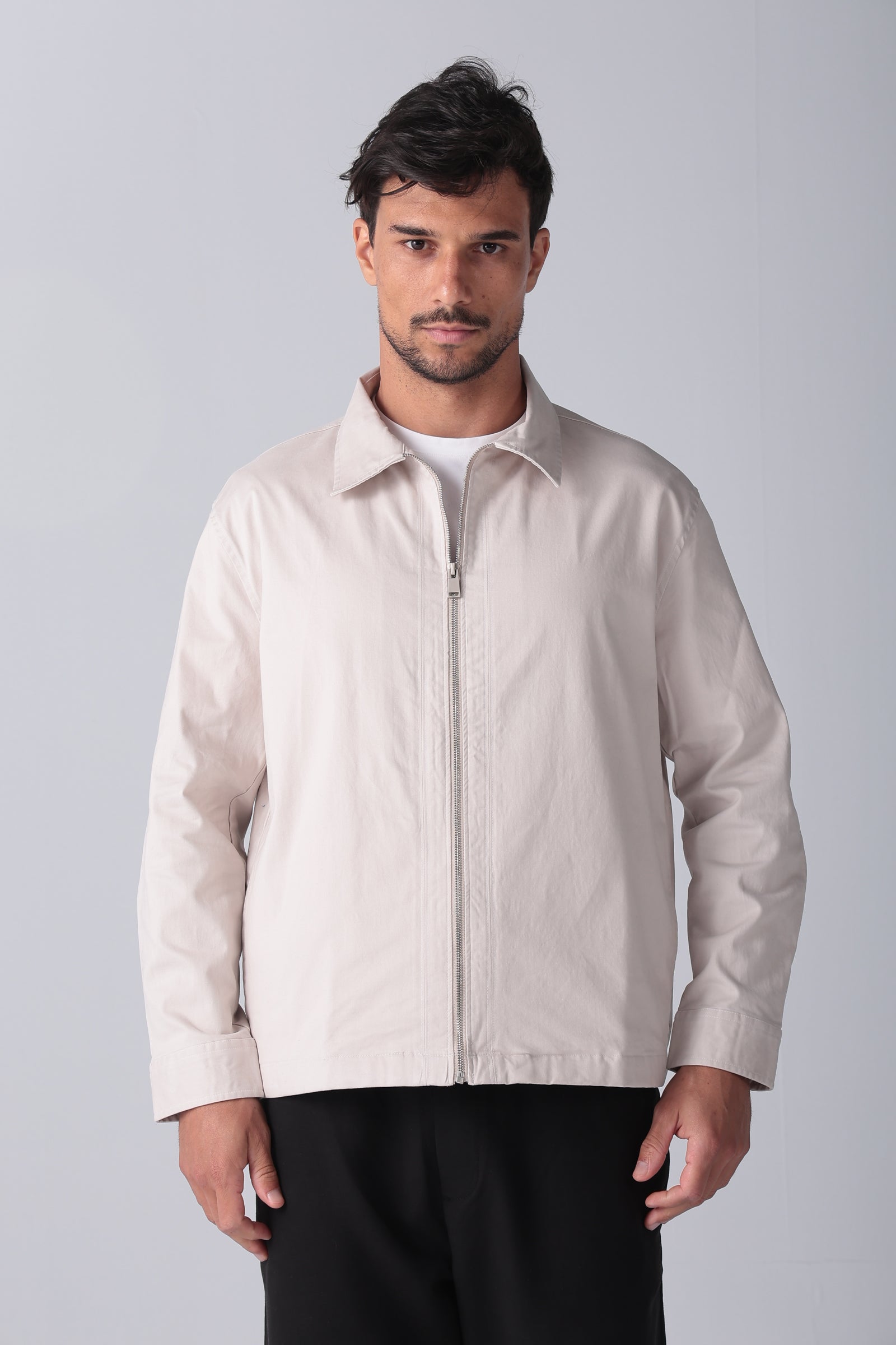 Beige Gabardine Zipper Jacket