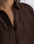 Women`s Dark Mocha Linen V-neck Top