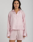 Women`s Baby Pink Linen V-Neck Top