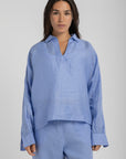 Women`s Capri Blue Linen V-Neck Top