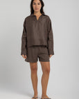 Women`s Dusty Taupe Linen V-Neck Top