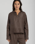 Women`s Dusty Taupe Linen V-Neck Top