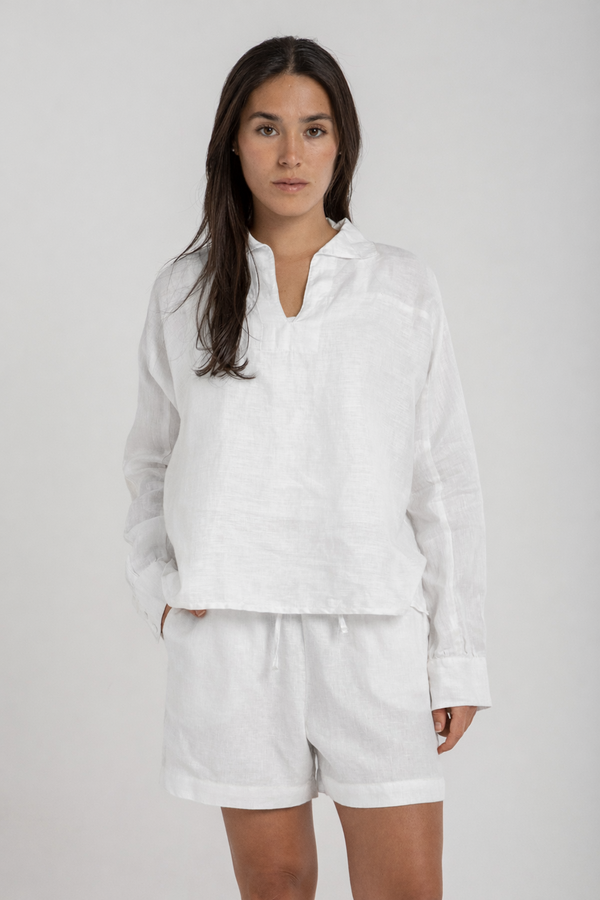 Women`s White Linen V-Neck Top