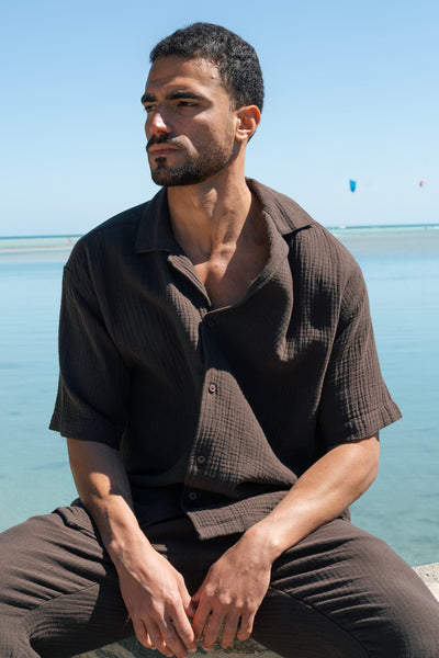 Brown Linen Crinkle Cuban Shirt