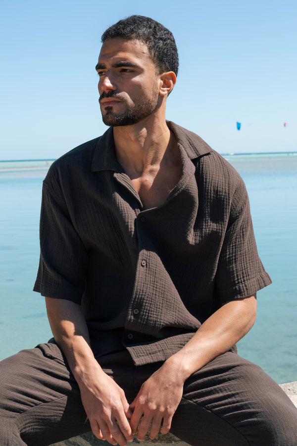 Brown Linen Crinkle Cuban Shirt