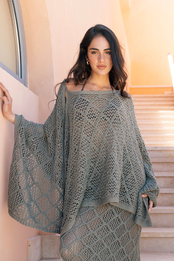 Women's Olive Crochet Poncho