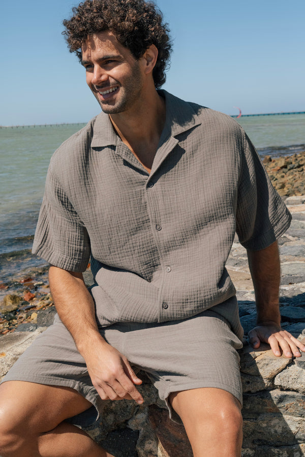 Olive Linen Crinkle Cuban Shirt