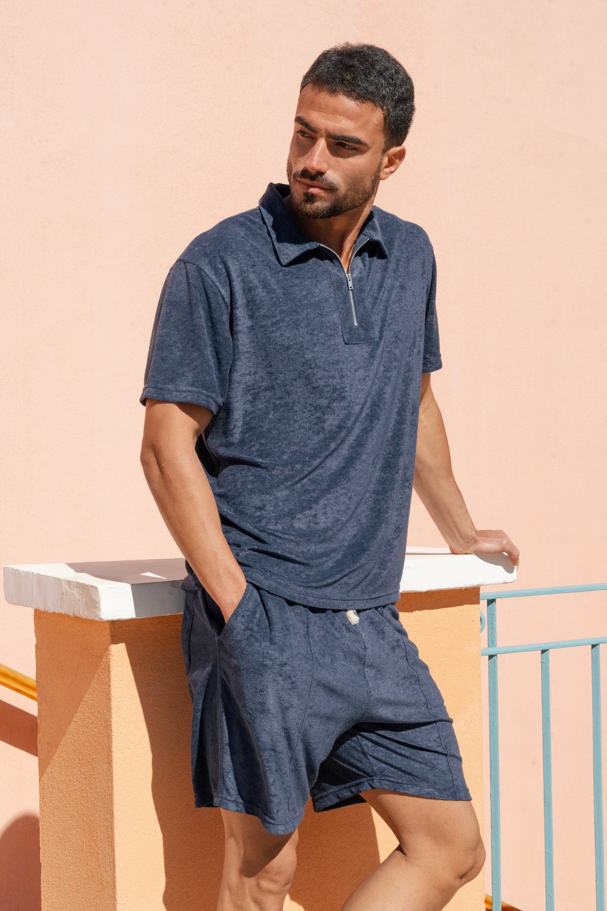 Navy Terry Towel Zip Polo