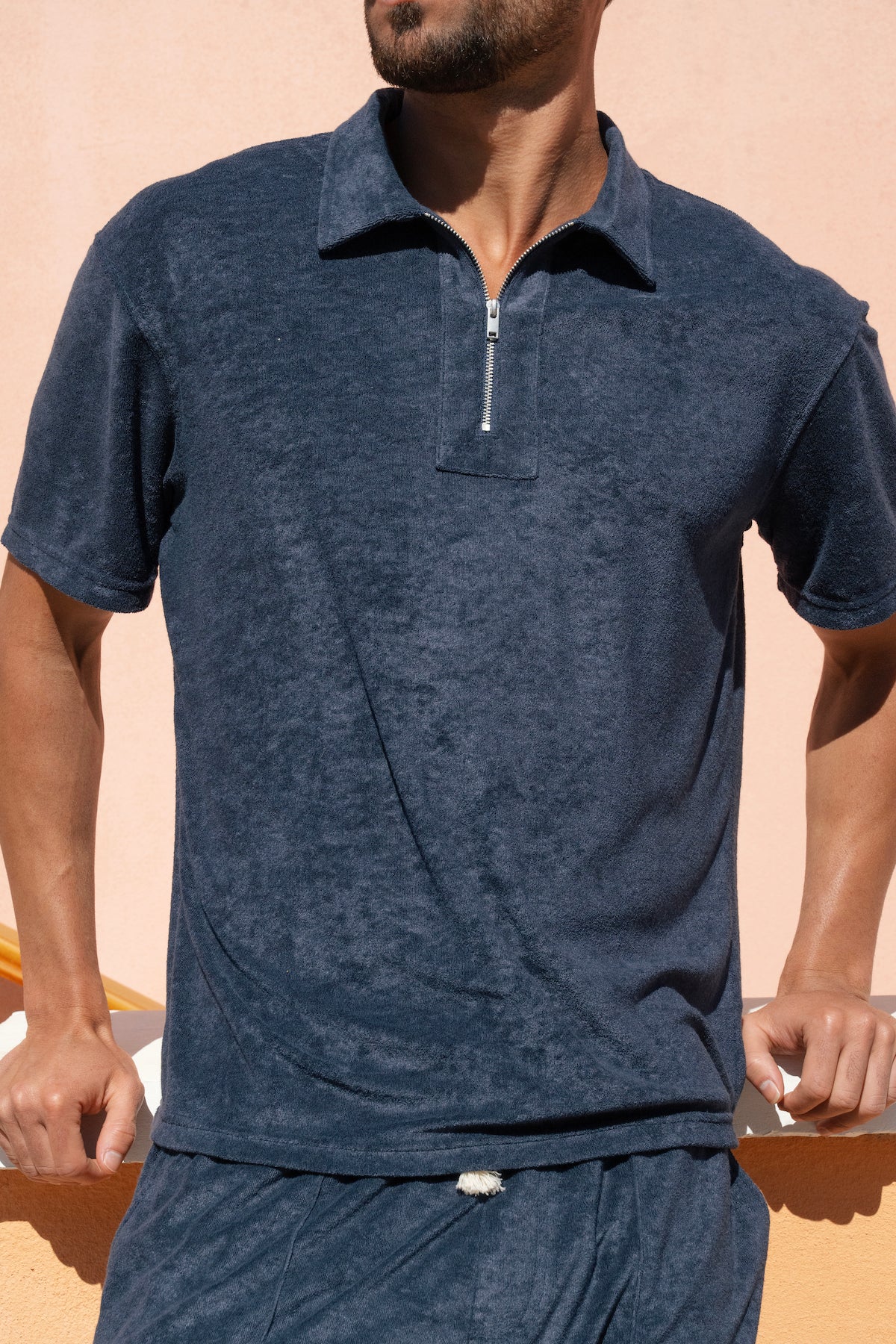 Navy Terry Towel Zip Polo