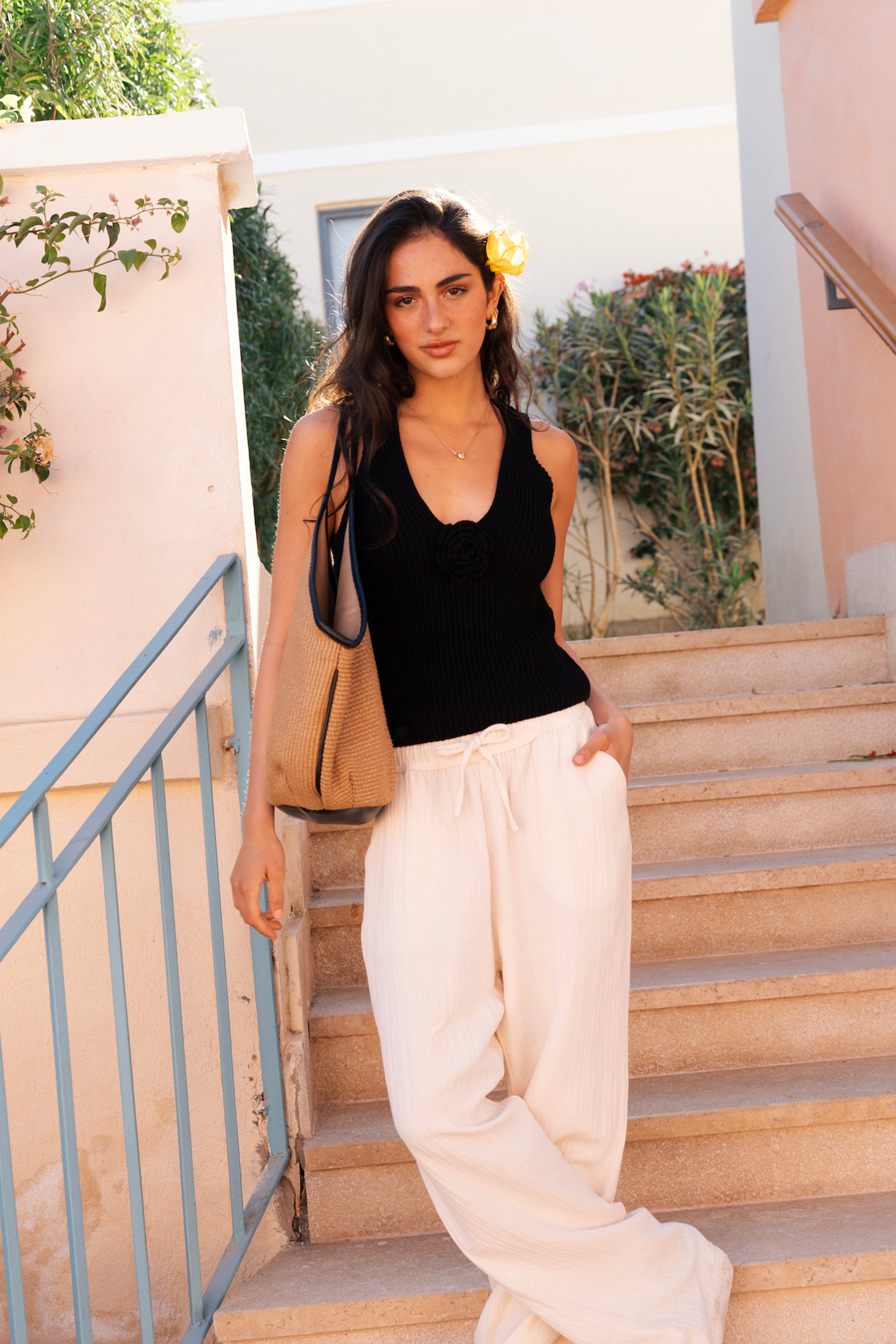 Women's Black Knit Flower Top