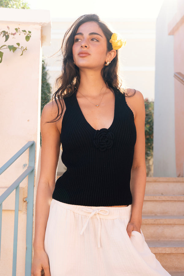 Women's Black Knit Flower Top