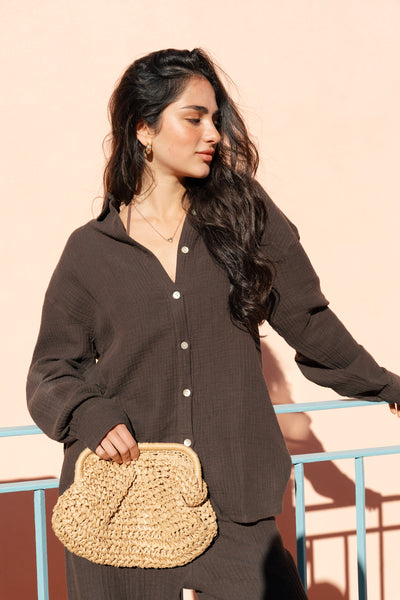 Women's Brown Linen Crinkle Shirt