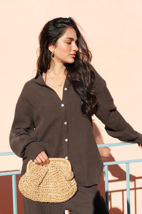 Women's Brown Linen Crinkle Shirt