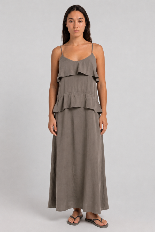 Taupe Ruffle Tencel Dress