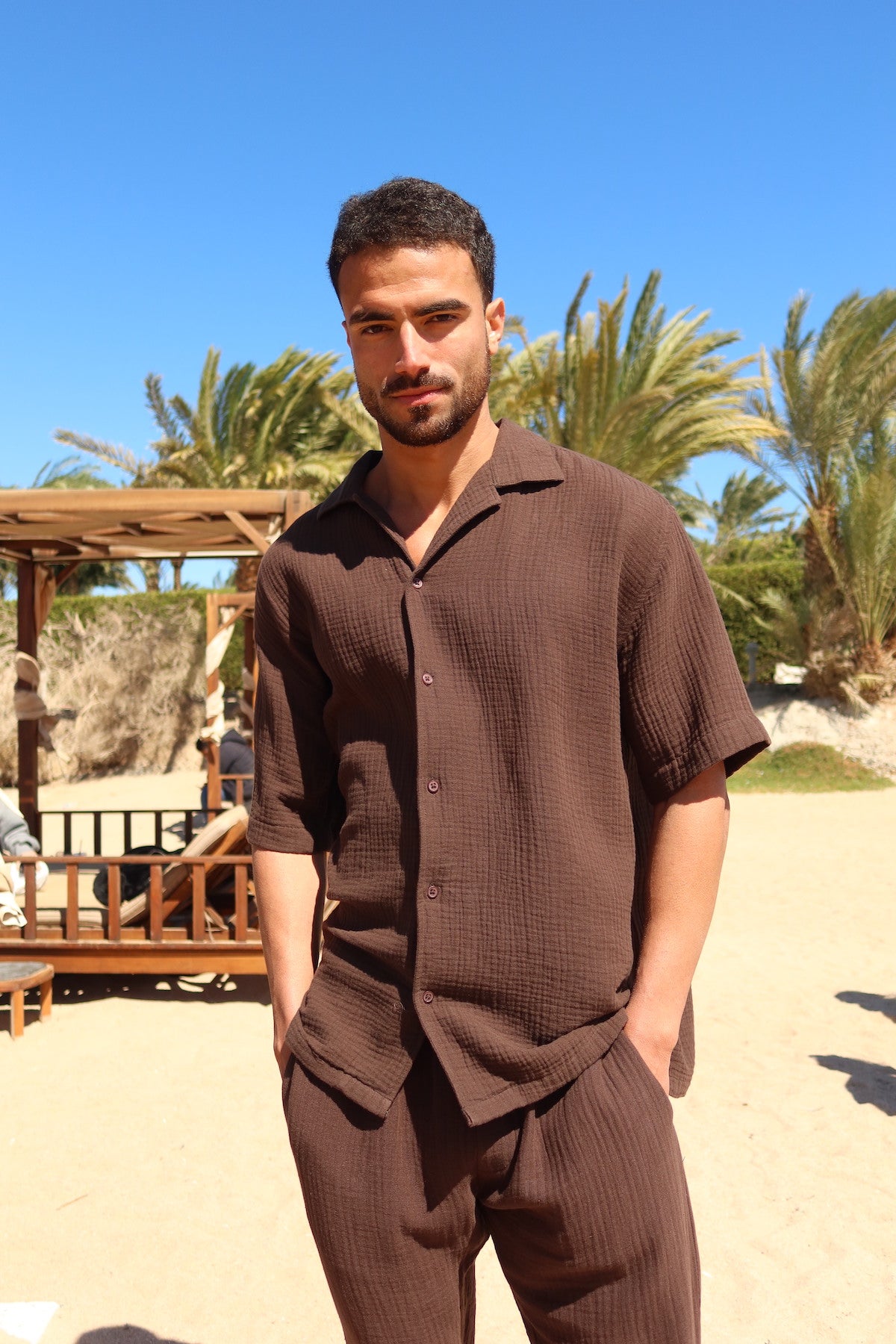 Brown Linen Crinkle Cuban Shirt
