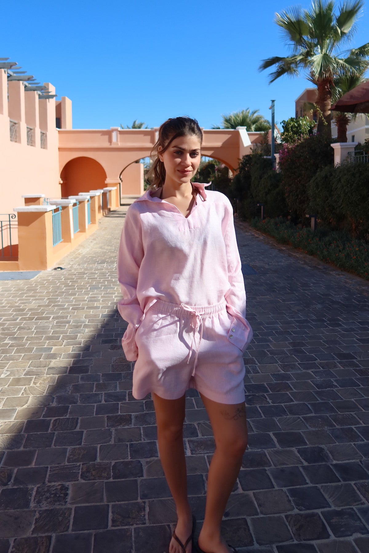 Women's Baby Pink Linen Shorts
