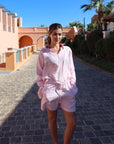 Women`s Baby Pink Linen V-Neck Top