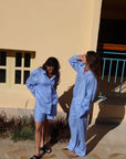 Women`s Capri Blue Linen V-Neck Top