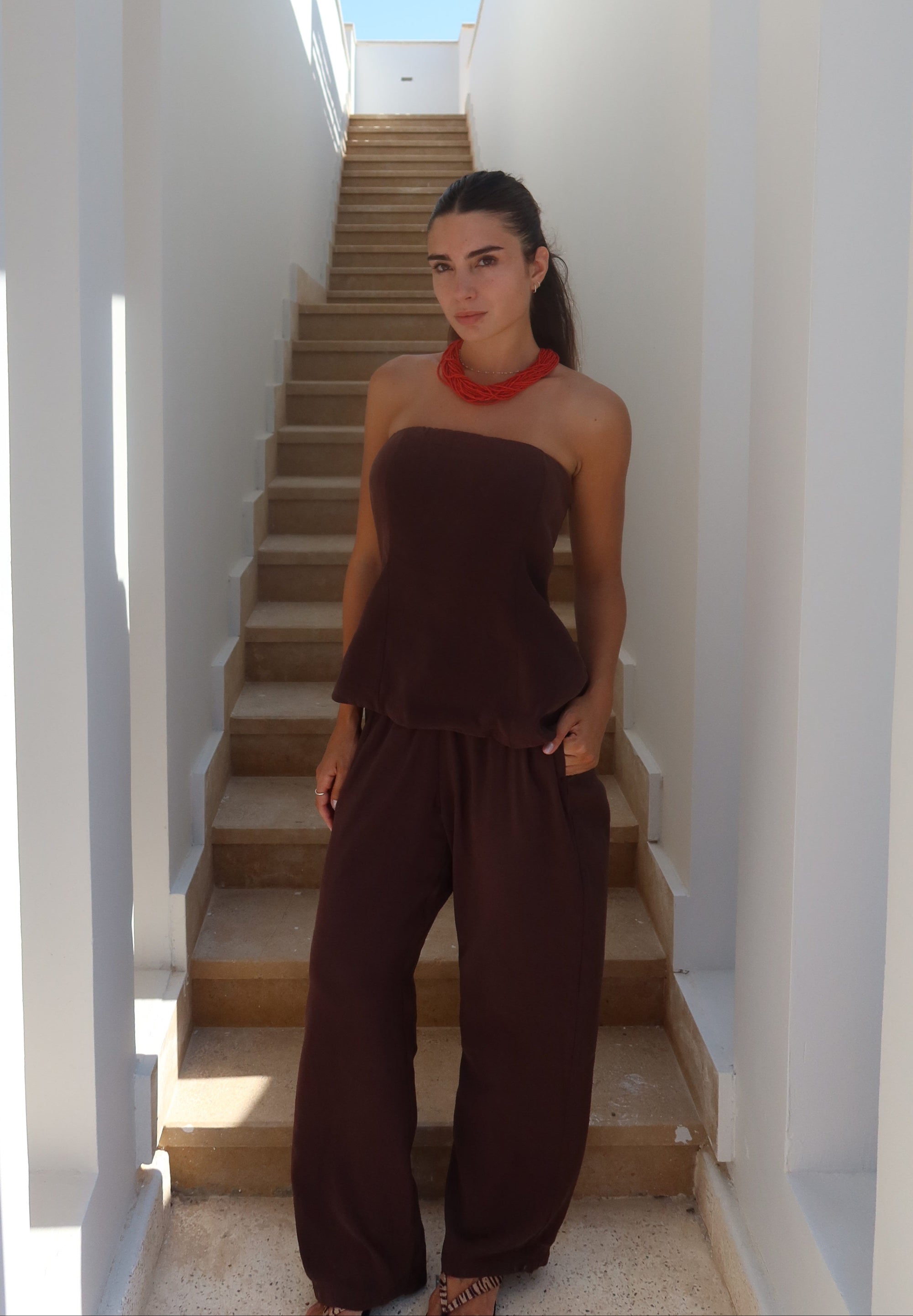 Womens Brown Strapless Tencel Top