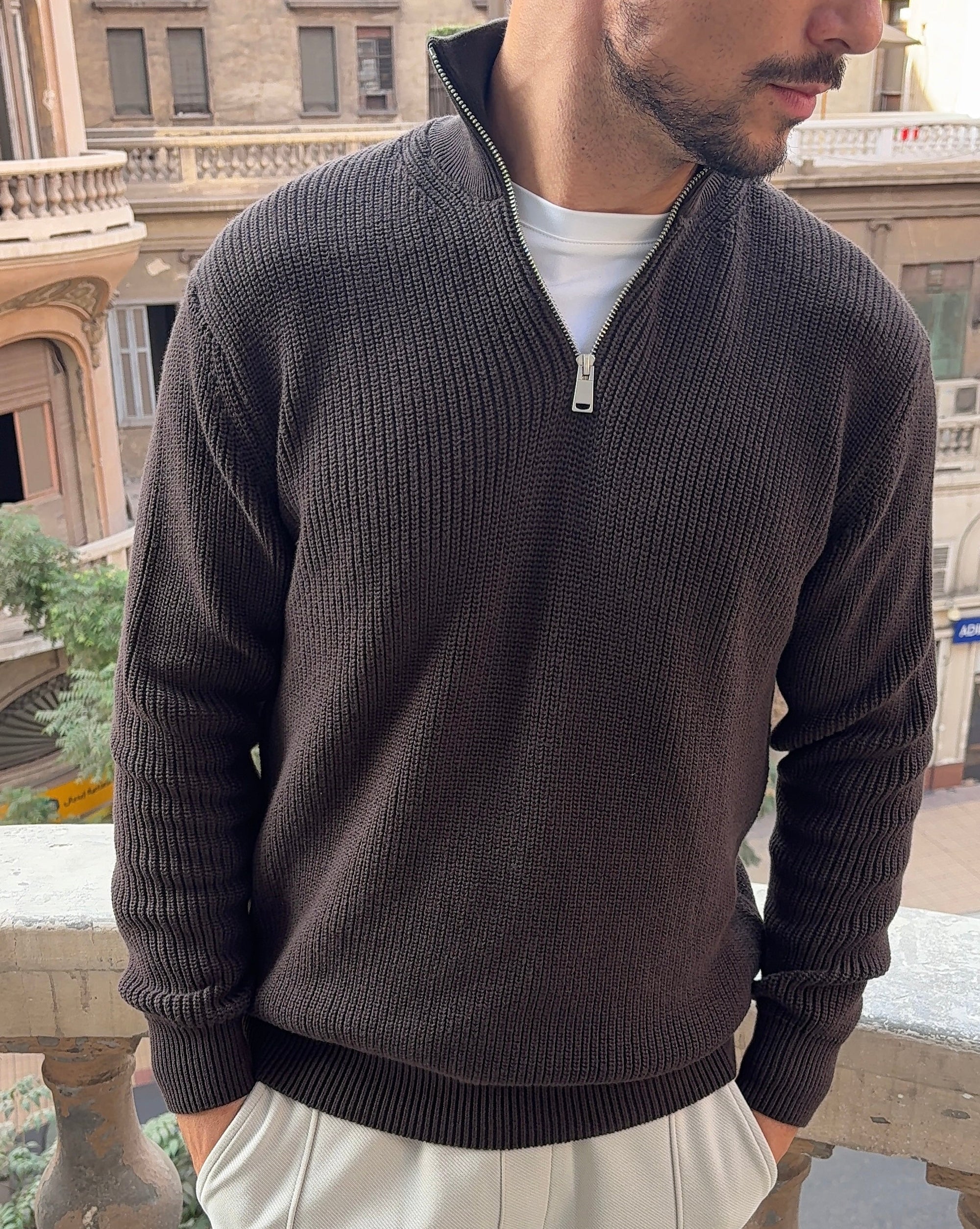 Mocha Knitted Quarter Zip Sweater