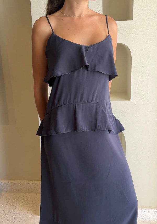 Navy Ruffle Tencel Dress