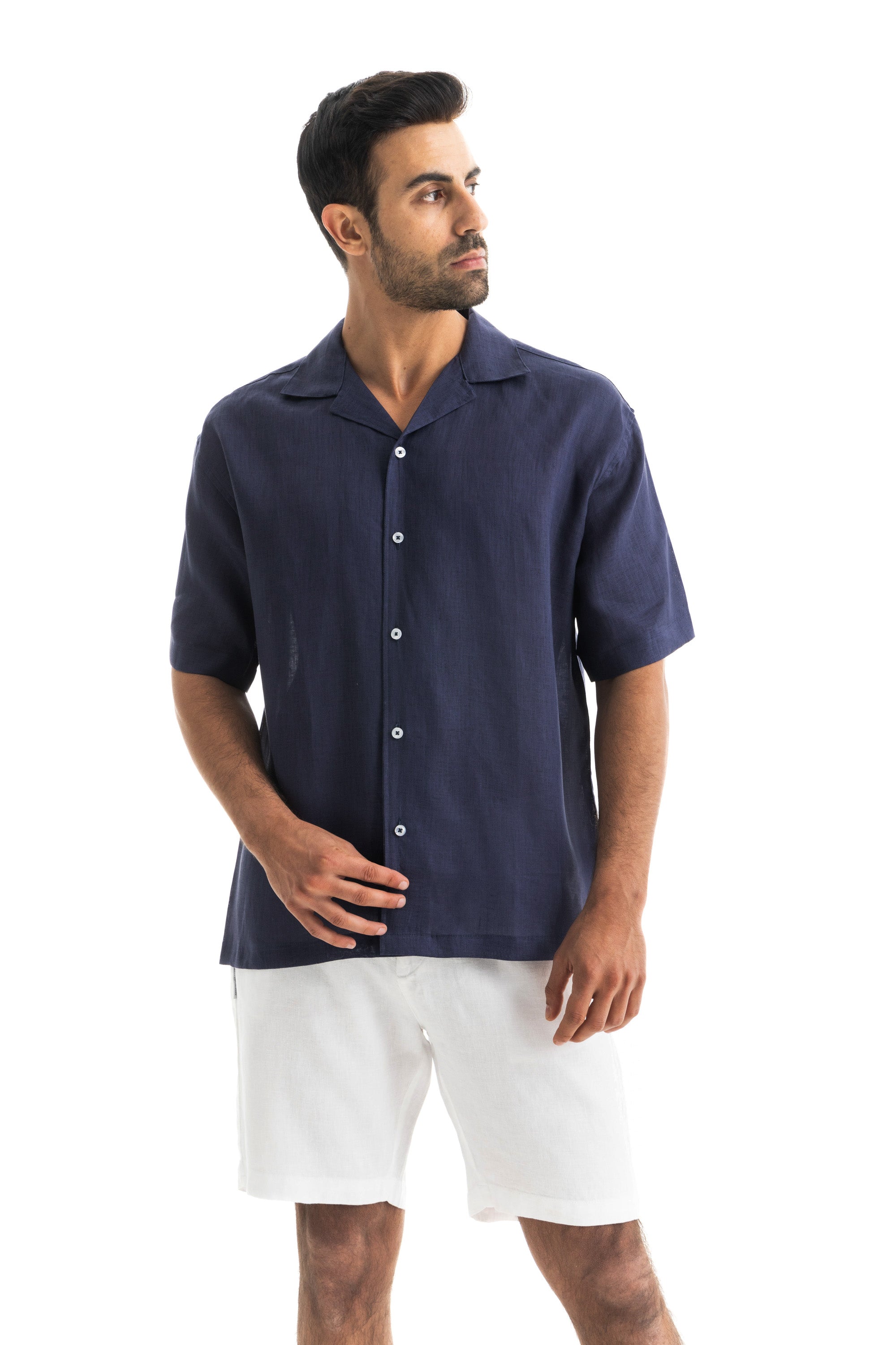 Navy Cuban Linen Shirt Short Sleeve