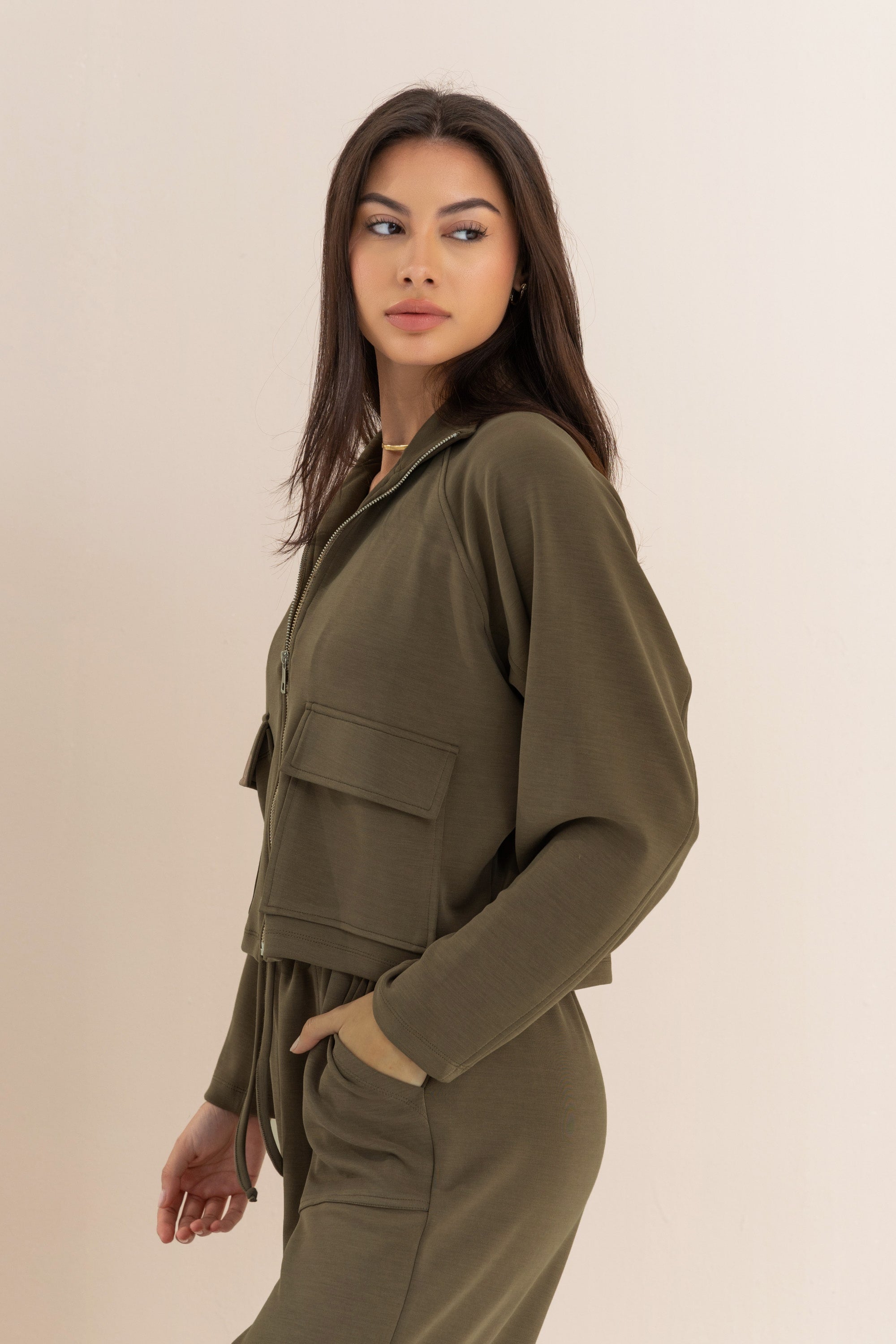 Olive Modal Zip Up Jacket