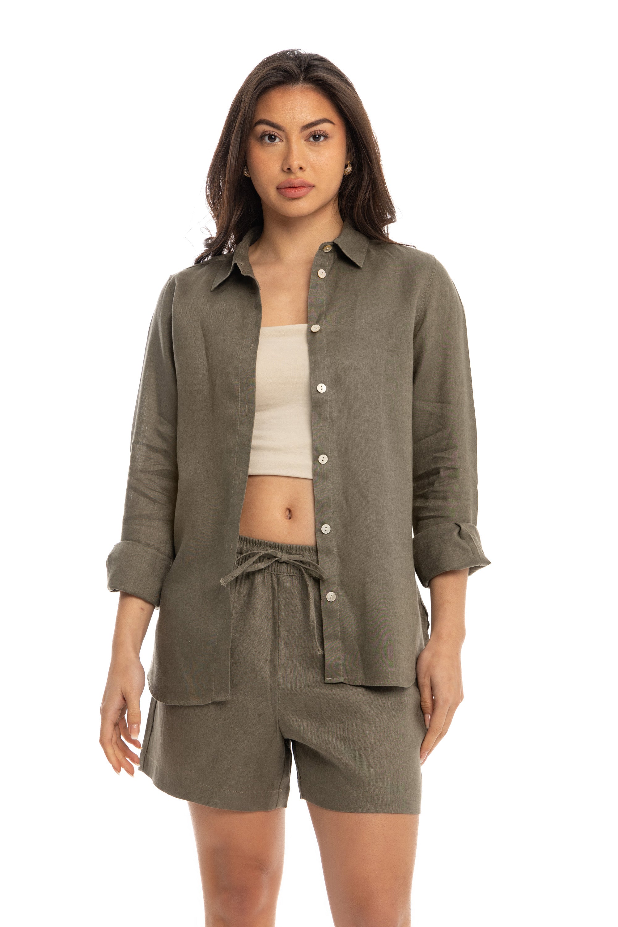 Women&#39;s Olive Linen Shorts