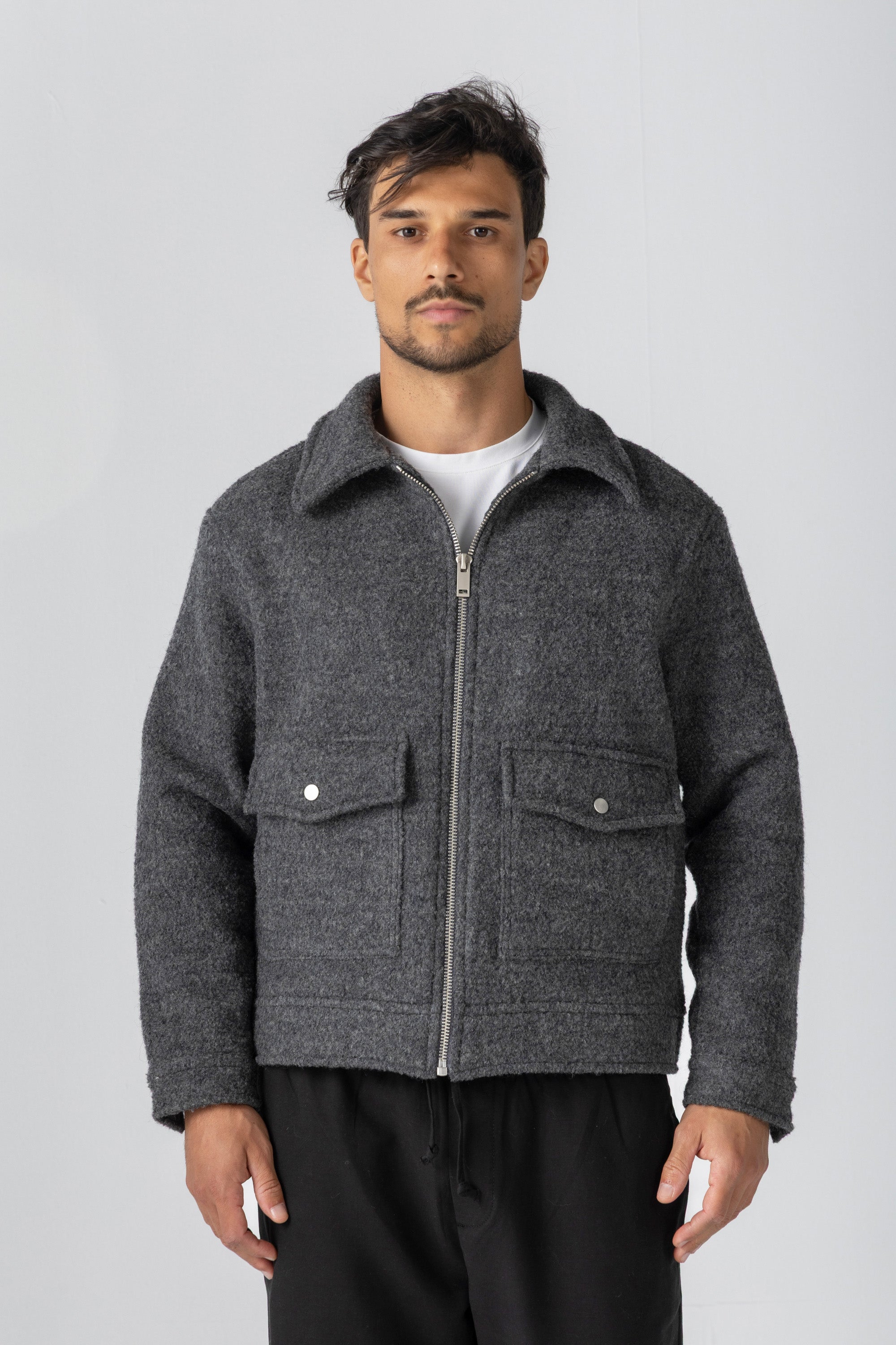 Grey Wool Zipper Jacket
