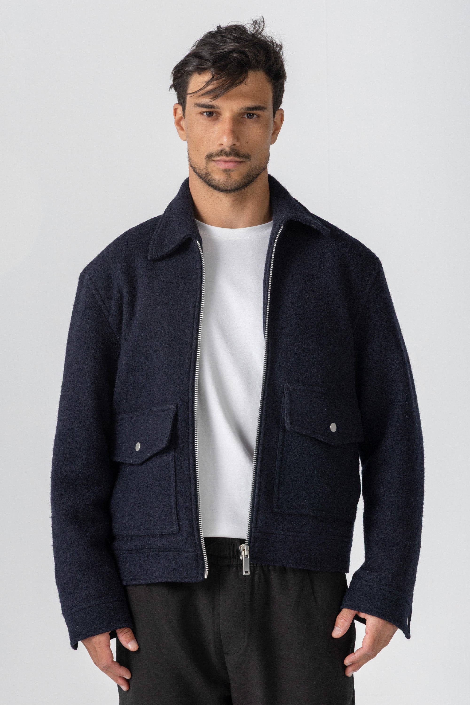 Navy Wool Zipper Jacket