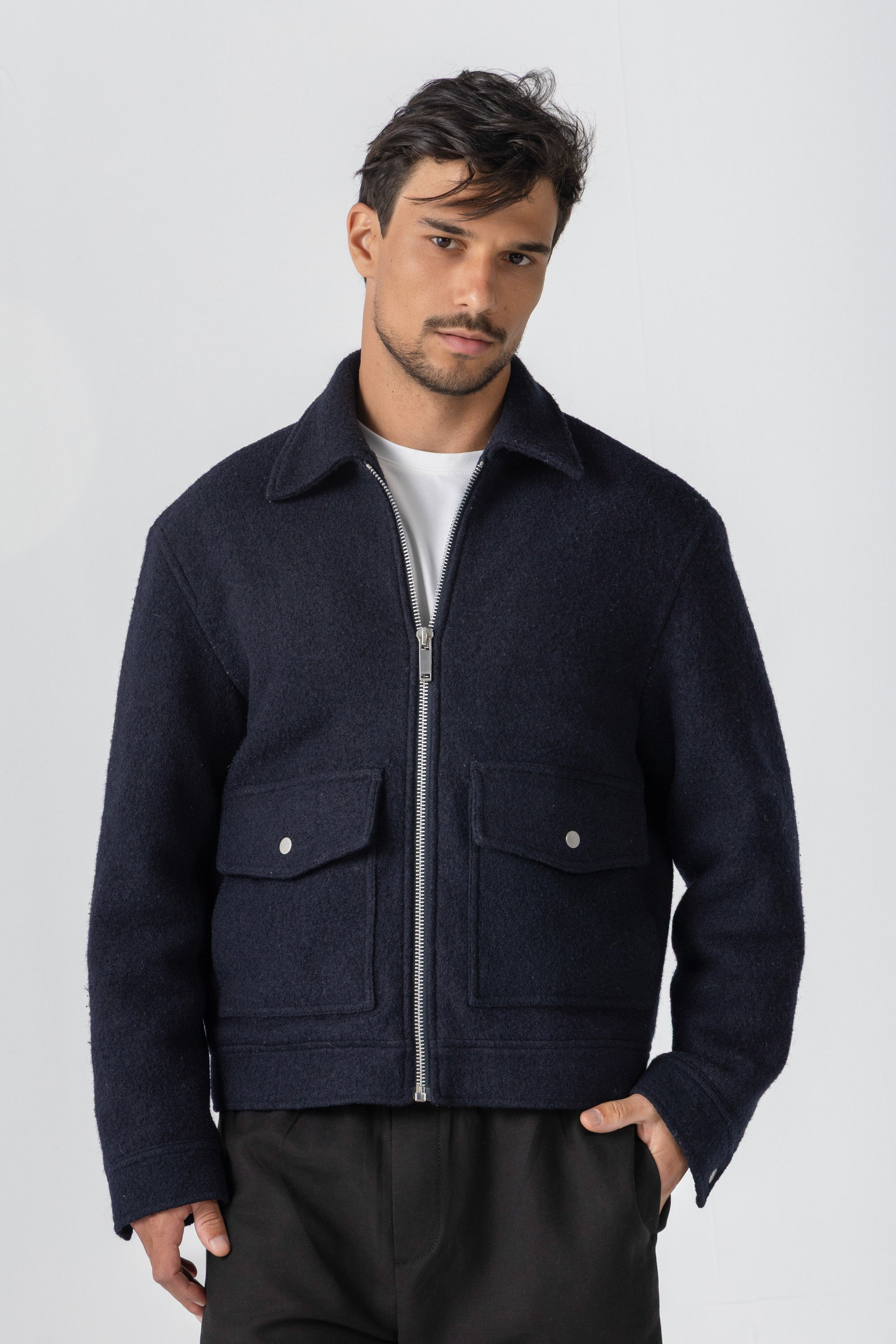 Navy Wool Zipper Jacket