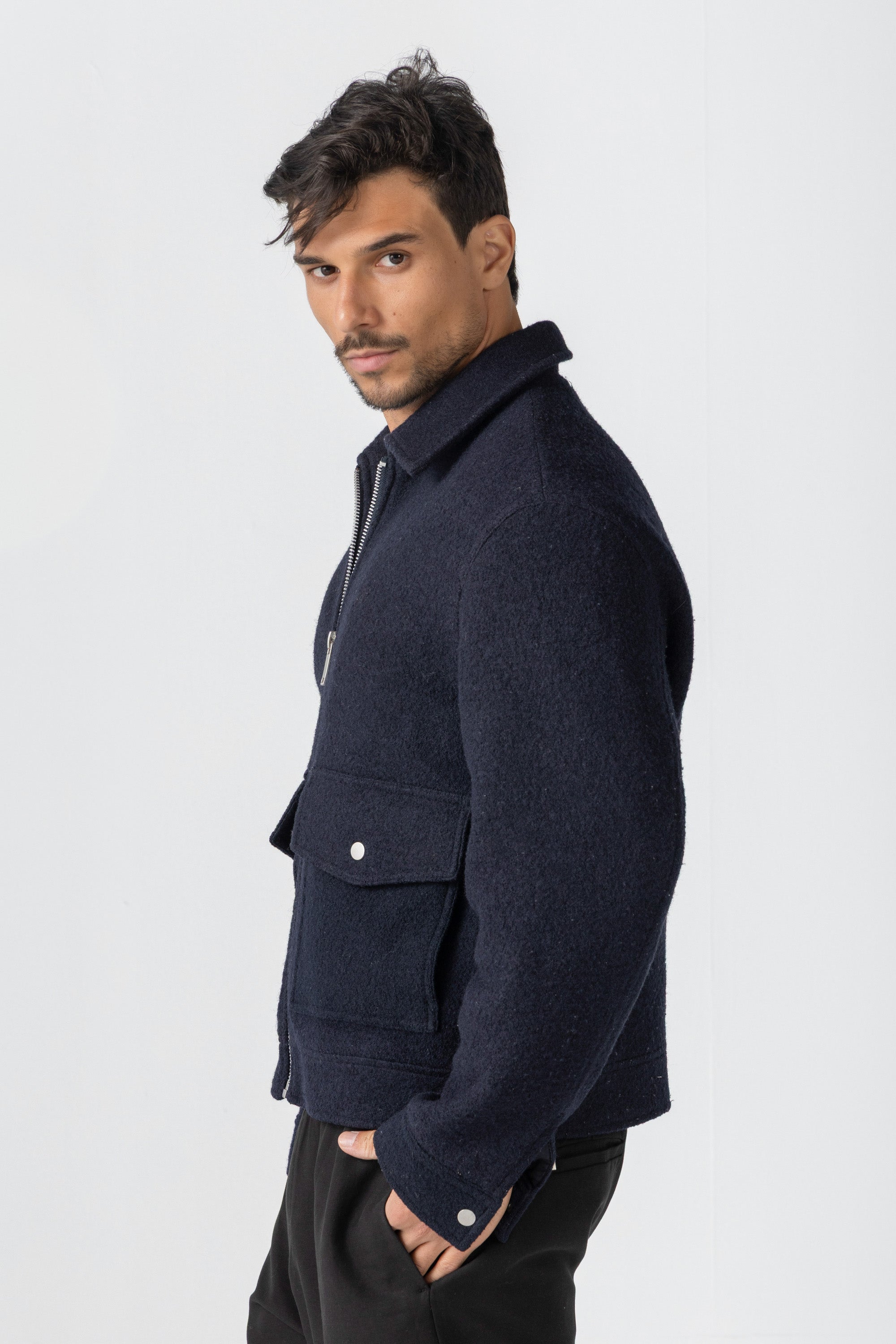 Navy Wool Zipper Jacket