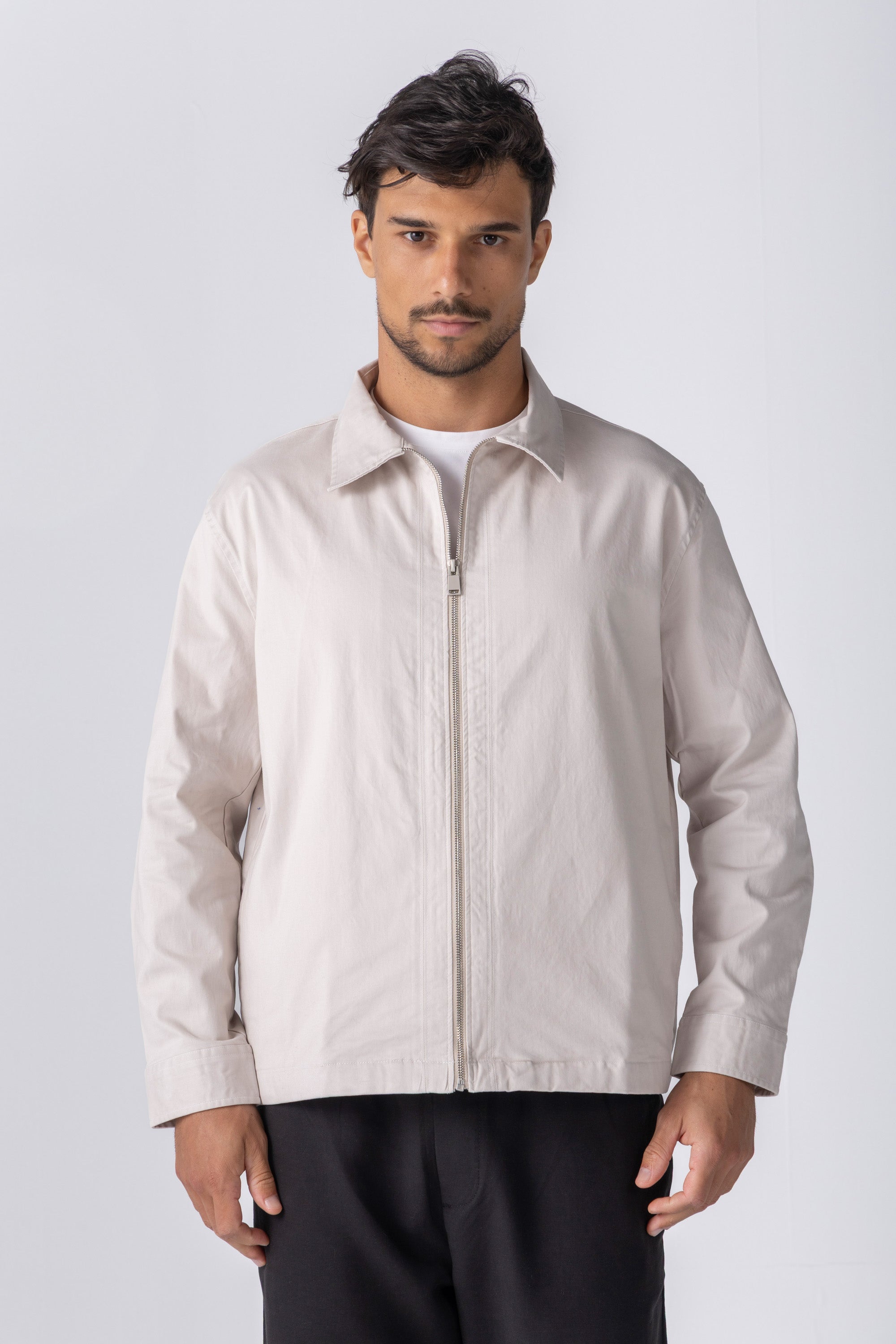 Beige Gabardine Zipper Jacket