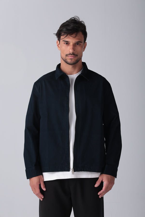 Navy Gabardine Zipper Jacket