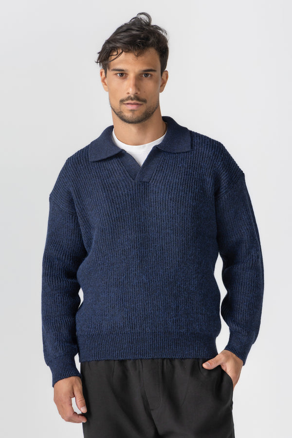 Navy Knitted  Wool Polo