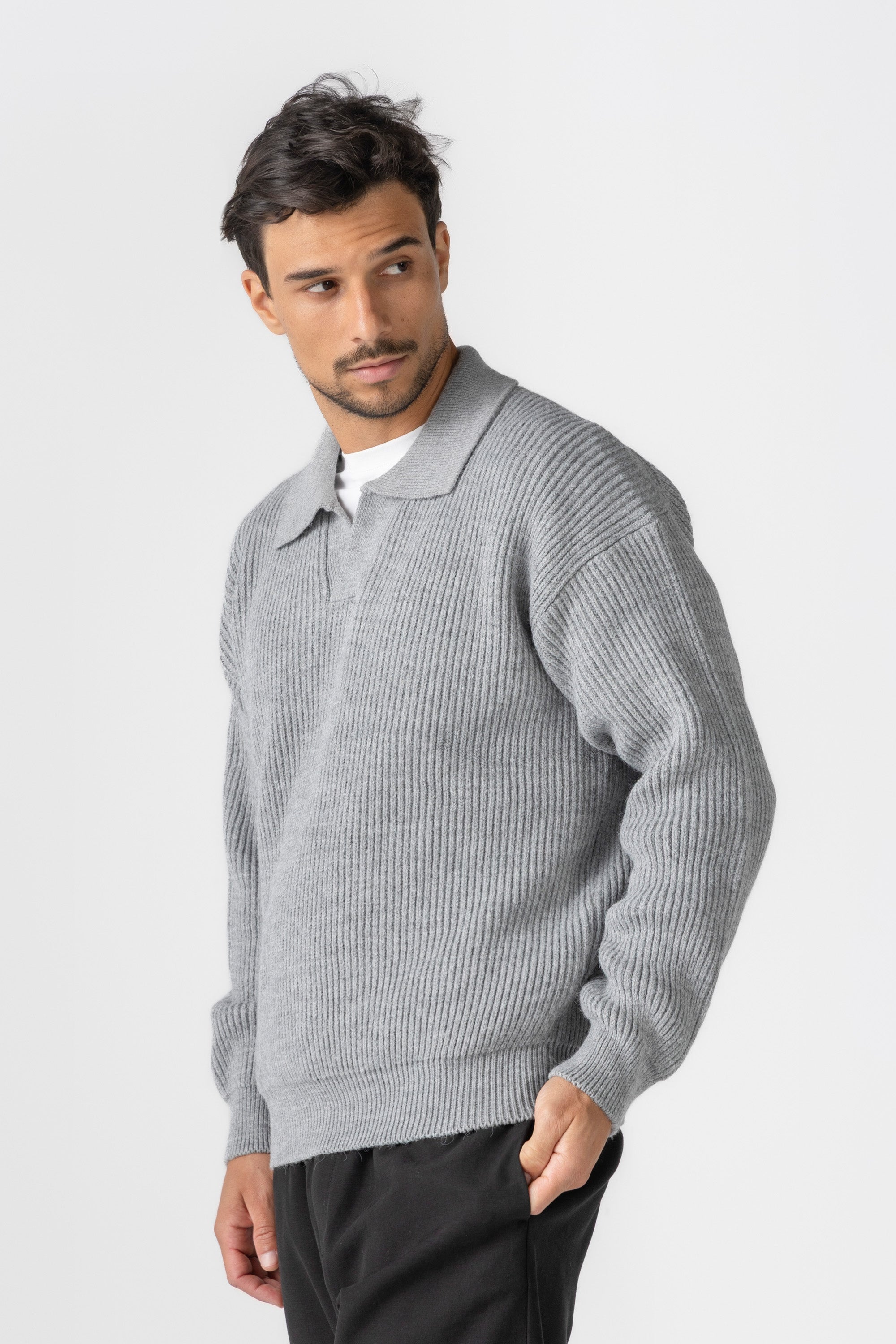 Grey Knitted Wool Polo