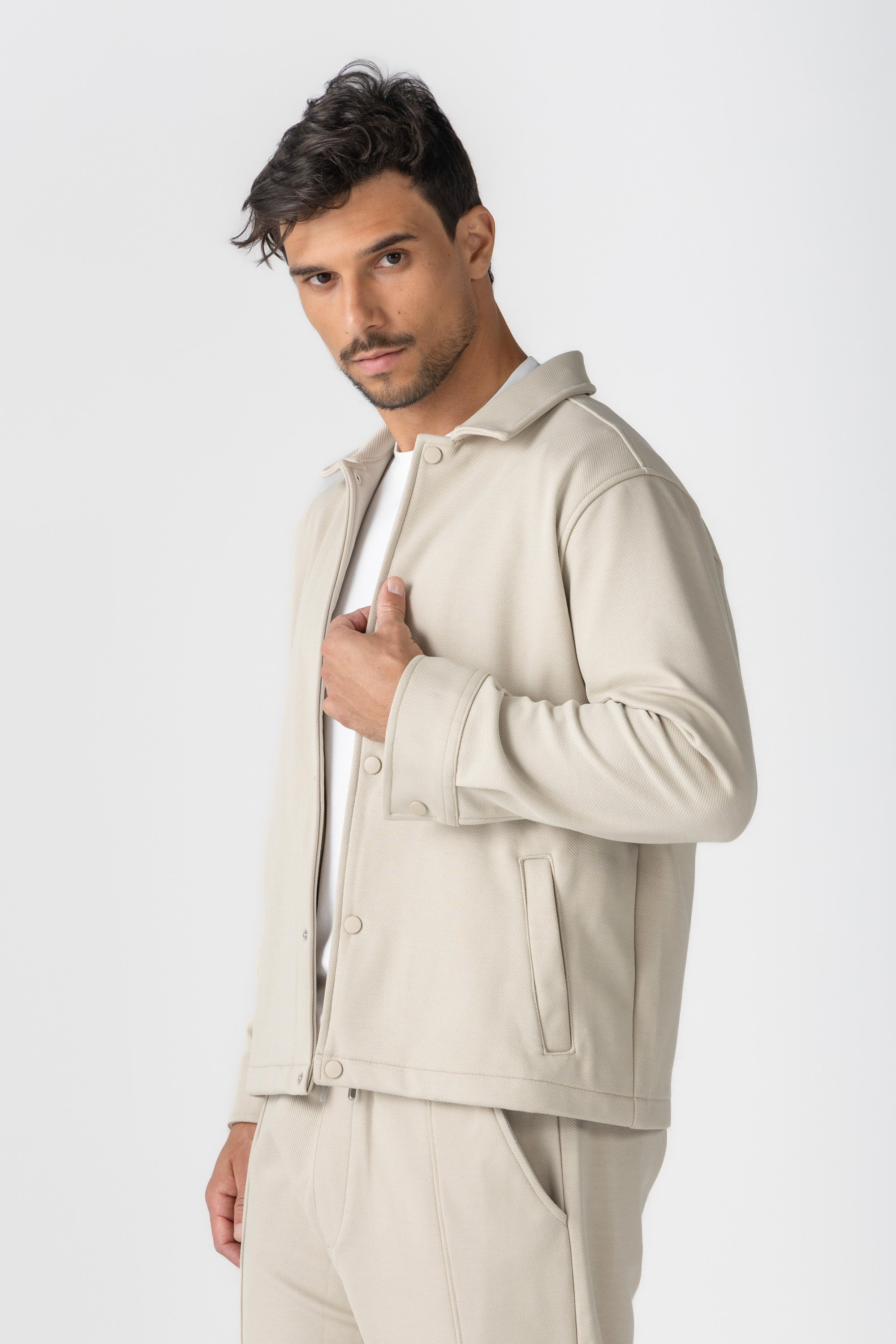 Beige Diagonal Textured Overshirt