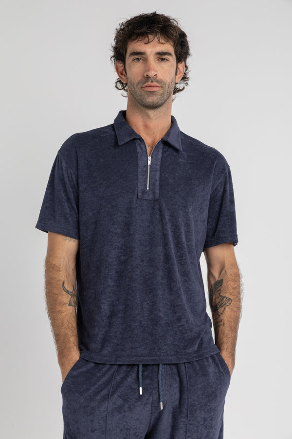 Navy Terry Towel Zip Polo