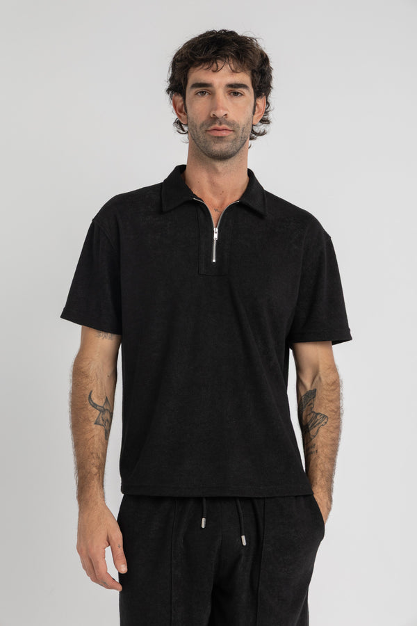 Black Terry Towel Zip Polo
