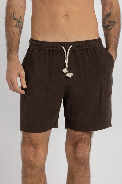 Dark Brown Linen Crinkle Shorts