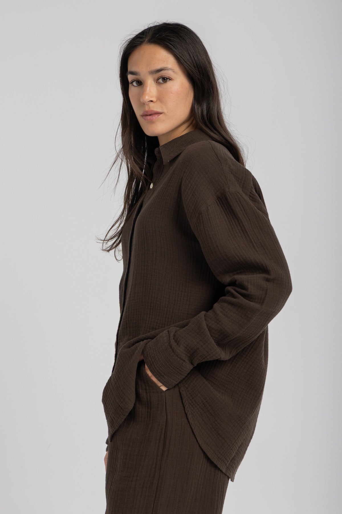 Women's Brown Linen Crinkle Shirt