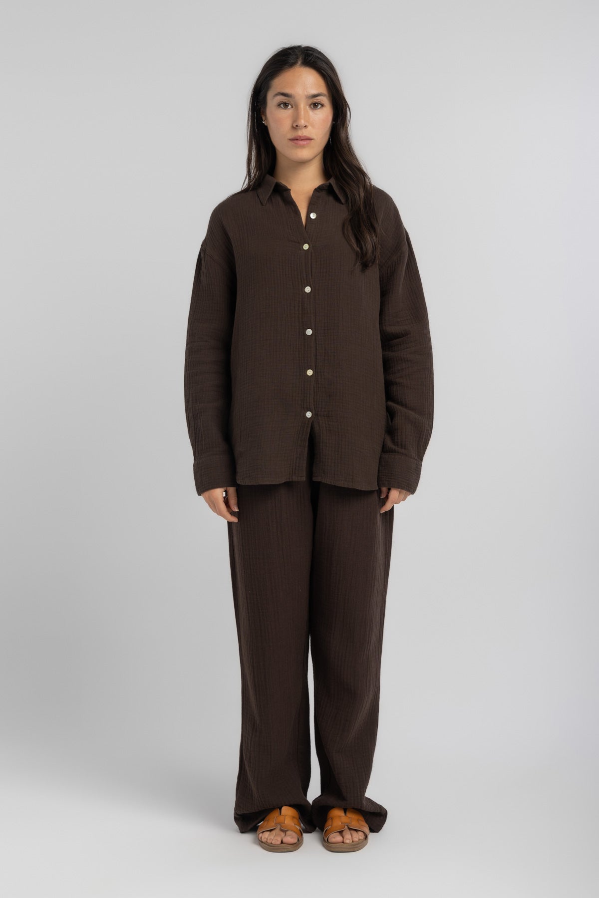 Womens Dark Brown Linen Crinkle Pants